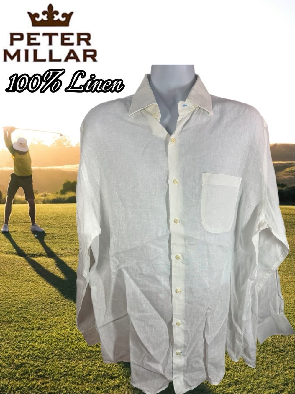 Peter Millar Crown Crafted White Button Down Shirt Mens Size XL 17 Long Linen